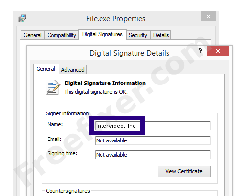 Screenshot of the Intervideo, Inc. certificate